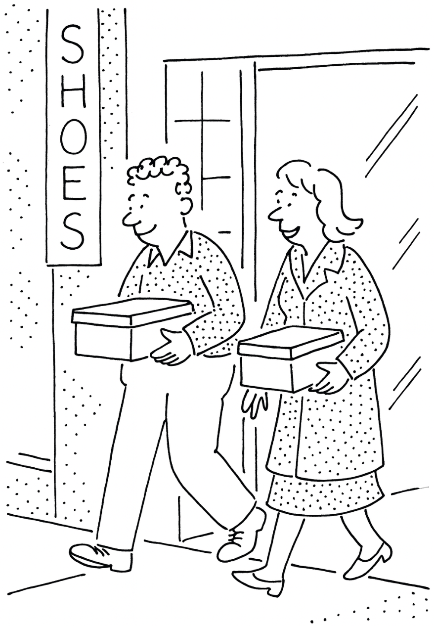 Two people leaving a shoe store with new shoes